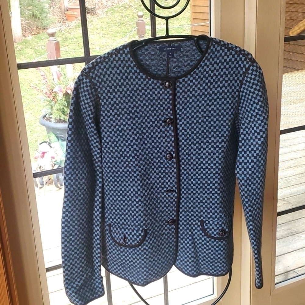 Lands End Womens Blue Brown Checkered 100% Boiled Wool Cardigan Jacket Size 12